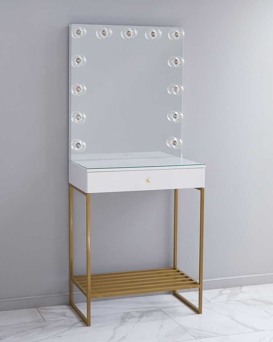 Гримерный стол визажиста бело-золотой 80 см с большими лампочками
