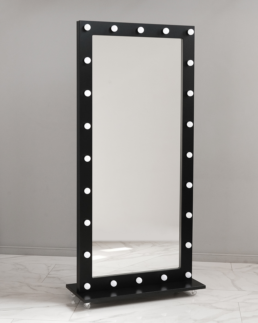 Зеркало в полный рост с лампочками на подставке черное